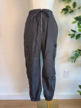 Fashion Nova Grey Parachute Cargo Pants Nylon Front Zip